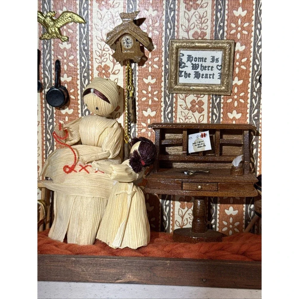 Vintage Corn Husk Doll Shadow Box Diorama Folk Art 1970s Cottage Core Farmhouse
